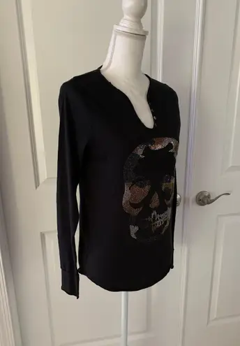Zadig & Voltaire Women’s Tunisien Skull Strass Beaded Henley Black Cotton Top