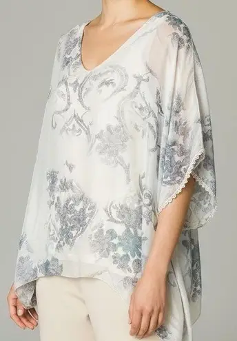 Ambra Italy Floral Print Silk Blend Top Oversized Kaftan Blouse Size L White Size L