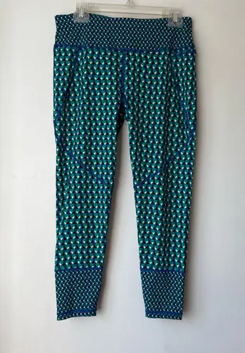Sweaty Betty Power Workout Blue Green Printed Cropped 7/8 Ankle Leggings 10