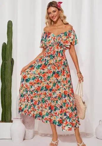 Grace Karin NEW Floral Ruffle Sleeve Empire Waist A-Line Maxi Tiered Dress Pockets 2X