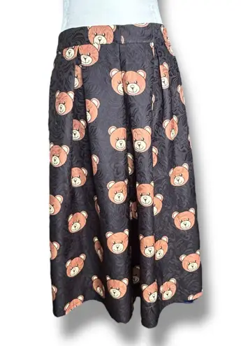 Saferin Teddy Bear Print Black Jacquard Pleated Midi Skirt Kawaii Harajuku Retro Size M