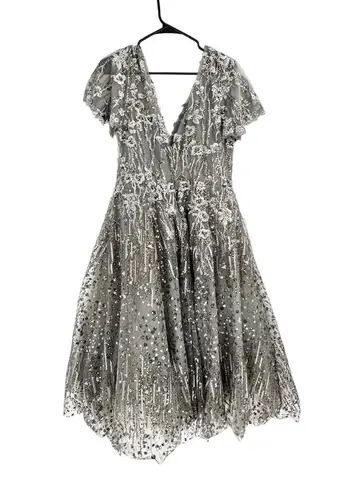 Mac Duggal 20392 Gunmetal Embellished Butterfly Fit and Flare Tea-Length Dress