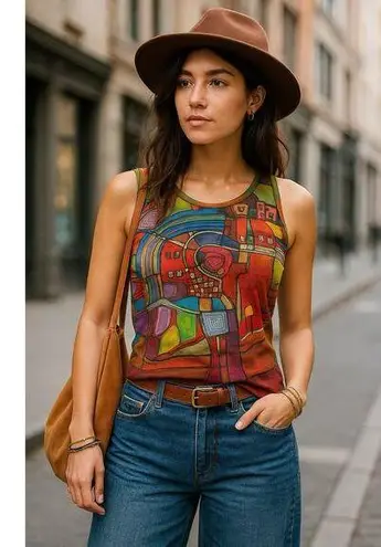 AVENTURES DES TOILES Francis Berthault French Bold Abstract Art Tank Top Size 38