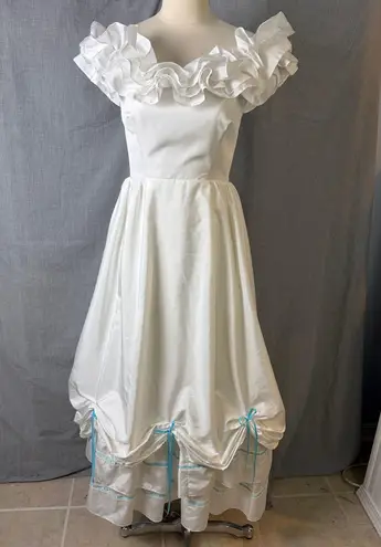 Vintage Handmade Prairie Bridal Dress Ruffle Neck Satin Lace Bows Costume M/L White Size 6