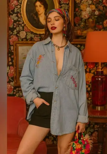 Vintage 1985 Embroidered Denim Shirt Stay Cool University Cotton Y2K Top 2XL Blue Size XXL