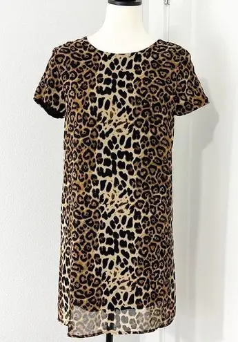 Line and Dot Small Brown and Black Leopard Animal Print Short Sleeve Shift Dress