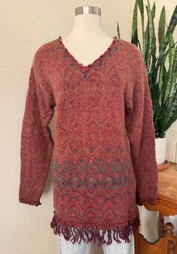 Vintage Boho Sweater Ramie Cotton Mohair Blend fringe beaded knit fall medium Red - Image 1