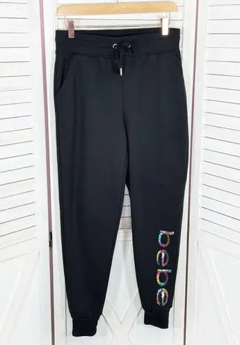 Bebe  Sport Rainbow Sequin Logo Fleece Jogger Pants Black Small