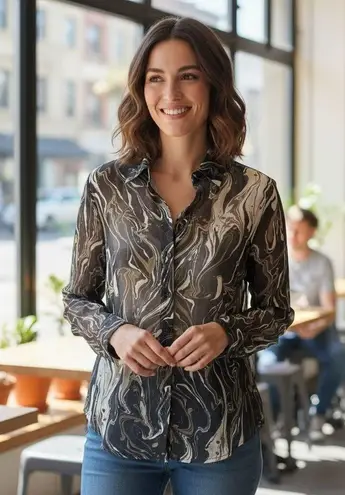 Dress Forum NEW Blouse S Long Sleeve Black Beige Print Dressy Sheer Button Up