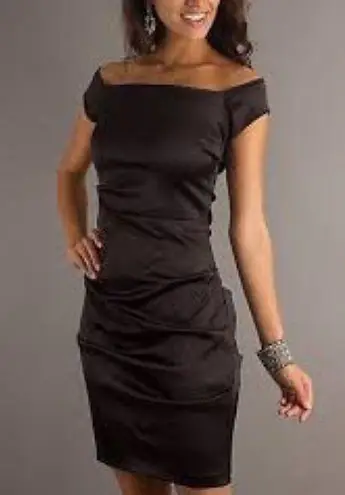 Betsy and Adam Off Shoulder Black Satin Bodycon Sheath Dress Size 14