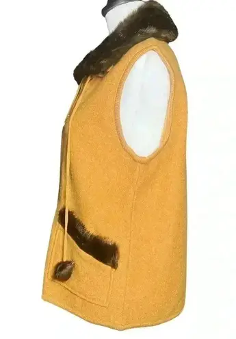 Vintage 90s Mustard 100% Boiled Wool Brown Faux Fur Collar Vest. Size Medium EUC Yellow