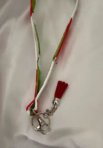 Handmade Red and Green Apple Print Wristlet Keychain with Red Tassel