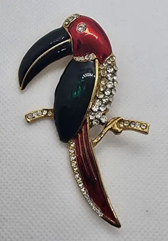 Vintage Toucan Bird Enamel & Rhinestone Brooch Red