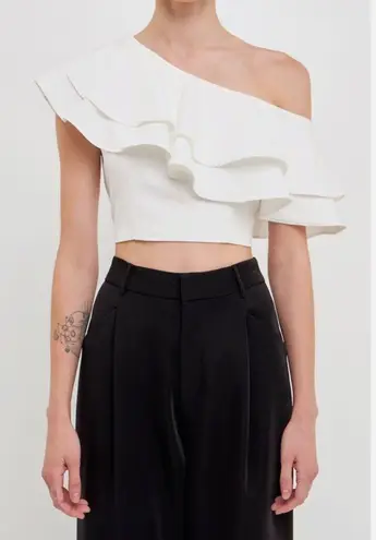 Endless Rose  Black Ruffle Off the Shoulder Eyelet Crop Top with Scalloped Edge S