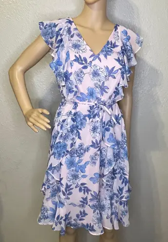 Tommy Hilfiger Flutter Sleeve V-Neck Floral Chiffon Fit Flare Dress Pink Blue 8