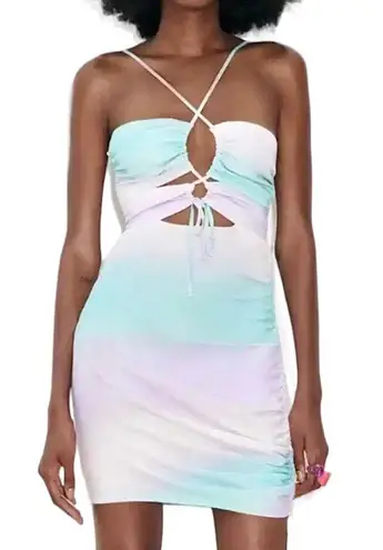 ZARA New  Pastel Tie Dye Satin Ruched Cut Out Mini Dress Size XS