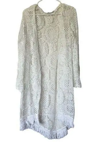 Retro Threads White Crochet Cardigan Duster Fringe Boho XXL