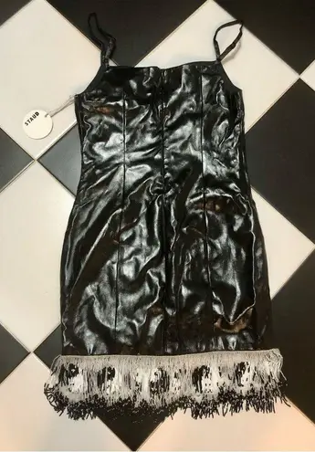 STAUD NWT Joan Yin Yang Dress Beaded Fringe Black Faux Leather Sleeveless sz 10