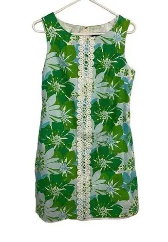 Kensie  Shift Dress Sleeveless Size 6 Green Blue Floral Embroidered‎ Trim Summer