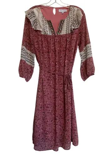 Piper & Scoot Women's Pink Boho Floral Prairie Midi Dress Small Tie belt S - EUC