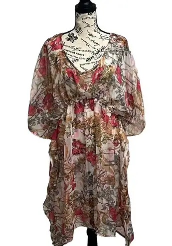 TAMSY Cream Color Flower Print Poly Chiffon Kaftan Women’s Beach Summer Boho O/s Pink Size undefined