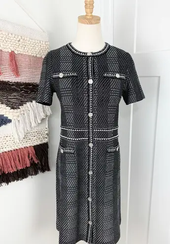 Misook Bold Plaid Tweed Knit Sheath Dress Short Sleeve Stretch Black White Sz S