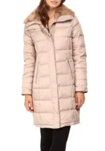 Cole Haan  Tan Faux Fur Collar Down Filled Long Line Puffer Jacket