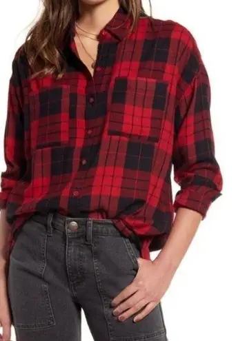 BP  Nordstrom Brass Plum Flannel Shirt S Womens Red Back Buffalo Plaid Boyfriend