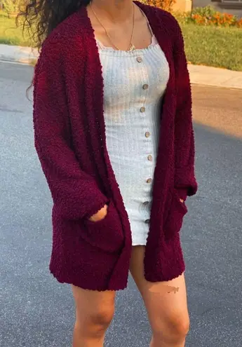 Love Tree Wine/Burgundy Popcorn Puff Sleeve Boyfriend Cardigan