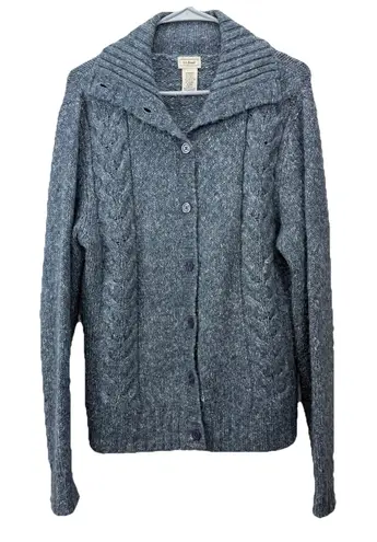 LL Bean Blue Gray Cable Marled Collar Button Wool Blend Cardigan Sweater MEDIUM