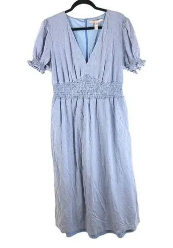 Hutch Womens Midi Dress Smocked Waist Puff Short Sleeve V-Neck Zip Back Blue 1X