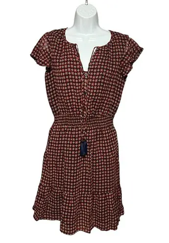 Dip Printed Flutter Sleeve Fit & Flare Dress Red Navy Fringe Tie Smock Waist XS Multiple