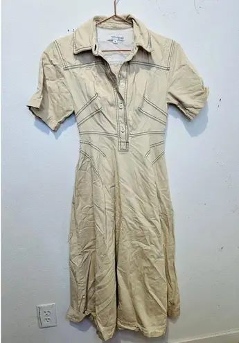 ROSETTA GETTY x RTR Beige Twill Collared Short Sleeve Bone Stitching Dress 0