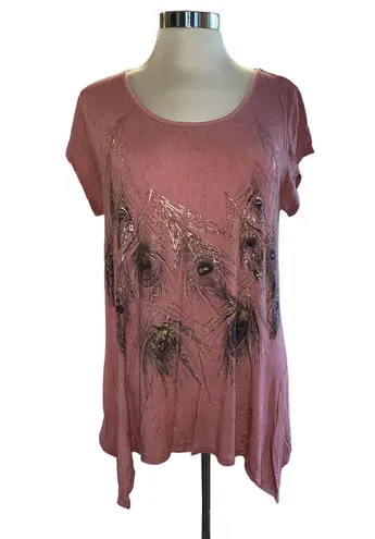 Monroe & Main blouse short sleeves peacock feathers print shark bite size large