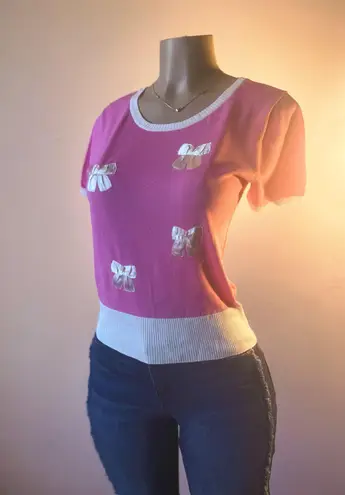 New White & Pink Bow Top With Criss Cross Back Size Small