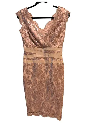 Tadashi Shoji Rose Gold Sequin Lace Floral Evening Cocktail Dress 4 Romantic