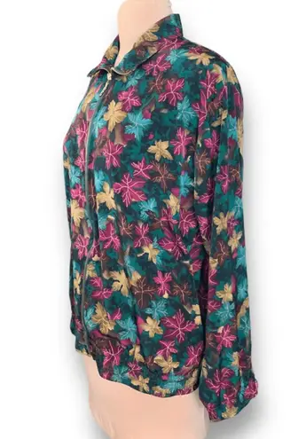 Vintage Teddi Floral Bomber Jacket Zip Front Fall Leaf Print Teal Pink Gold 12 Blue Size M