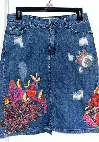 Anthropologie Gardener’s Denim Embellished Skirt Cecilia Prada SP Appliqué Rose