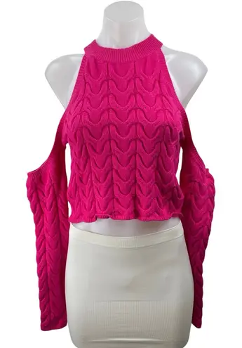 Majorelle Jessica Pink Cold Shoulder Long Sleeve Cable Knit Crop Sweater Top M