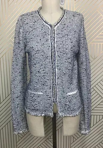 Escada Harbor Blue Tweed Fringe Knit Sweater Blazer Jacket Size US Small
