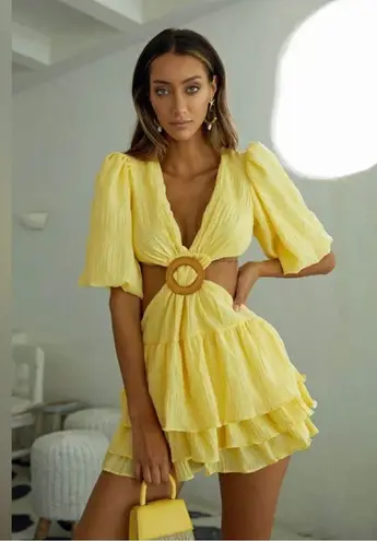 Beulah Womens Yellow Ruffled Tie Front Puff Sleeve Mini Dress