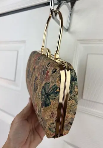 Alesia Bianchi Floral Cork Clutch/ Crossbody Purse With Gold Chain & Gold Handle