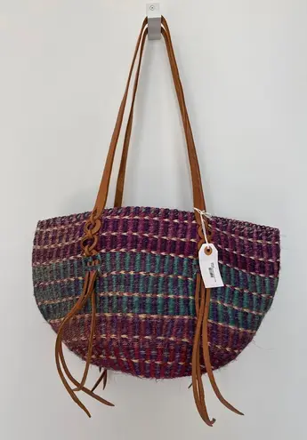 NWT Handwoven Purple & Teal Boho Retro Tote Bag with Leather Straps tassels