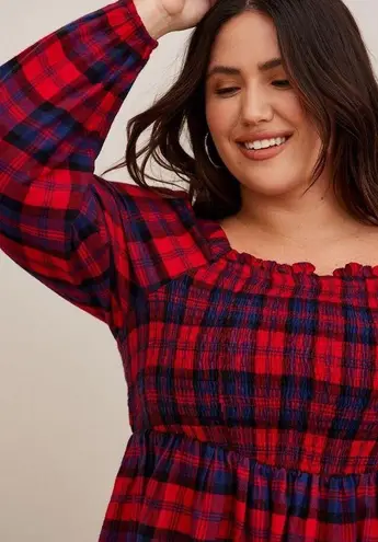 Torrid  Red Plaid Brushed Rayon Acrylic Smocked Babydoll Top Sz.2 NWT