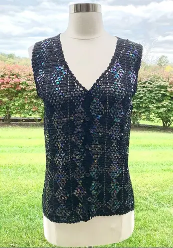 Donna Gray Black Sleeveless Sequin Knit Top Size L