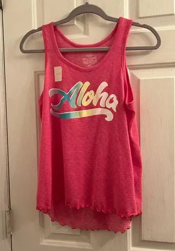 secret treasures Size small “ALOHA” pastel rainbow logo pink soft tank top ruffle hem