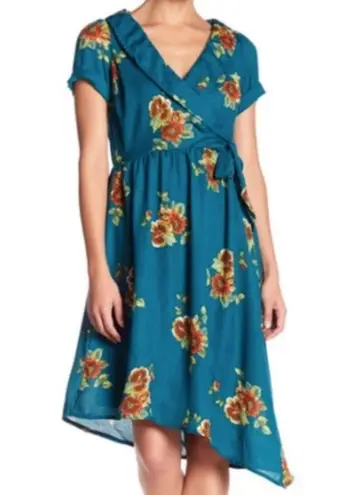 Superfoxx Teal Green Floral V Neck Short Sleeve Asymmetrical Hem Wrap Dress New