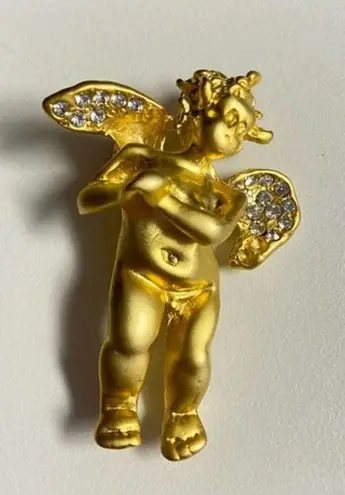 None Angel Cherub with Rhinestone on Wings Brooch Pin Gold Tone Vintage