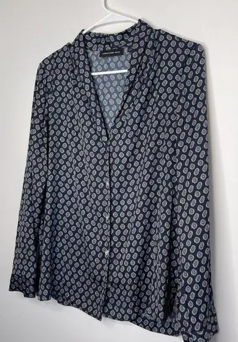 Something Navy Blue Silky Geometric Print Casual Button Up Shirt Top