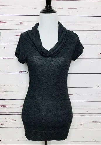 POOF! Charcoal Gray Cowl Neck Short Sleeve Knit Tunic Sweater Top Size Medium